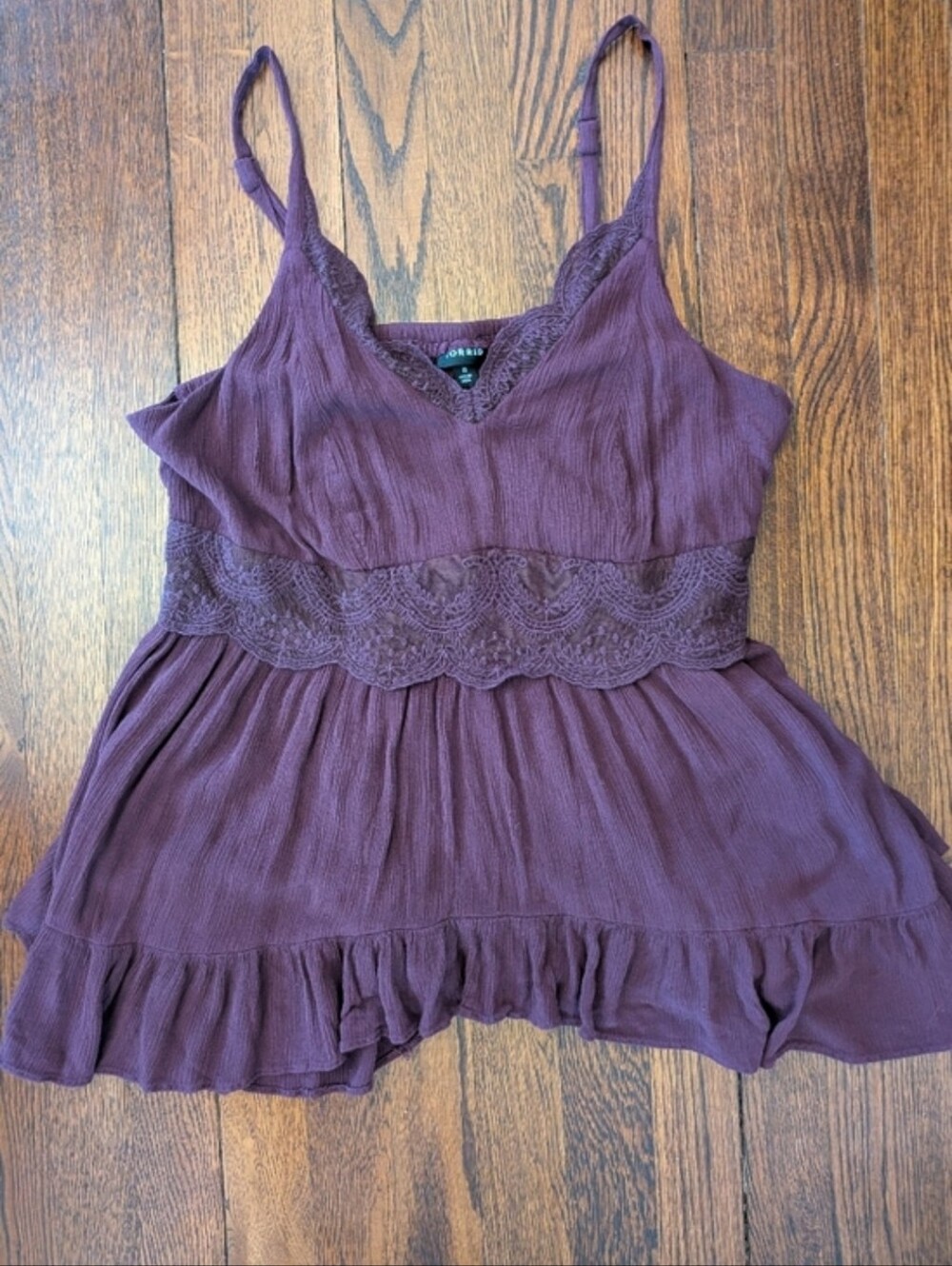 2/$14 Torrid Lace-Trim Flowy Top in Plum